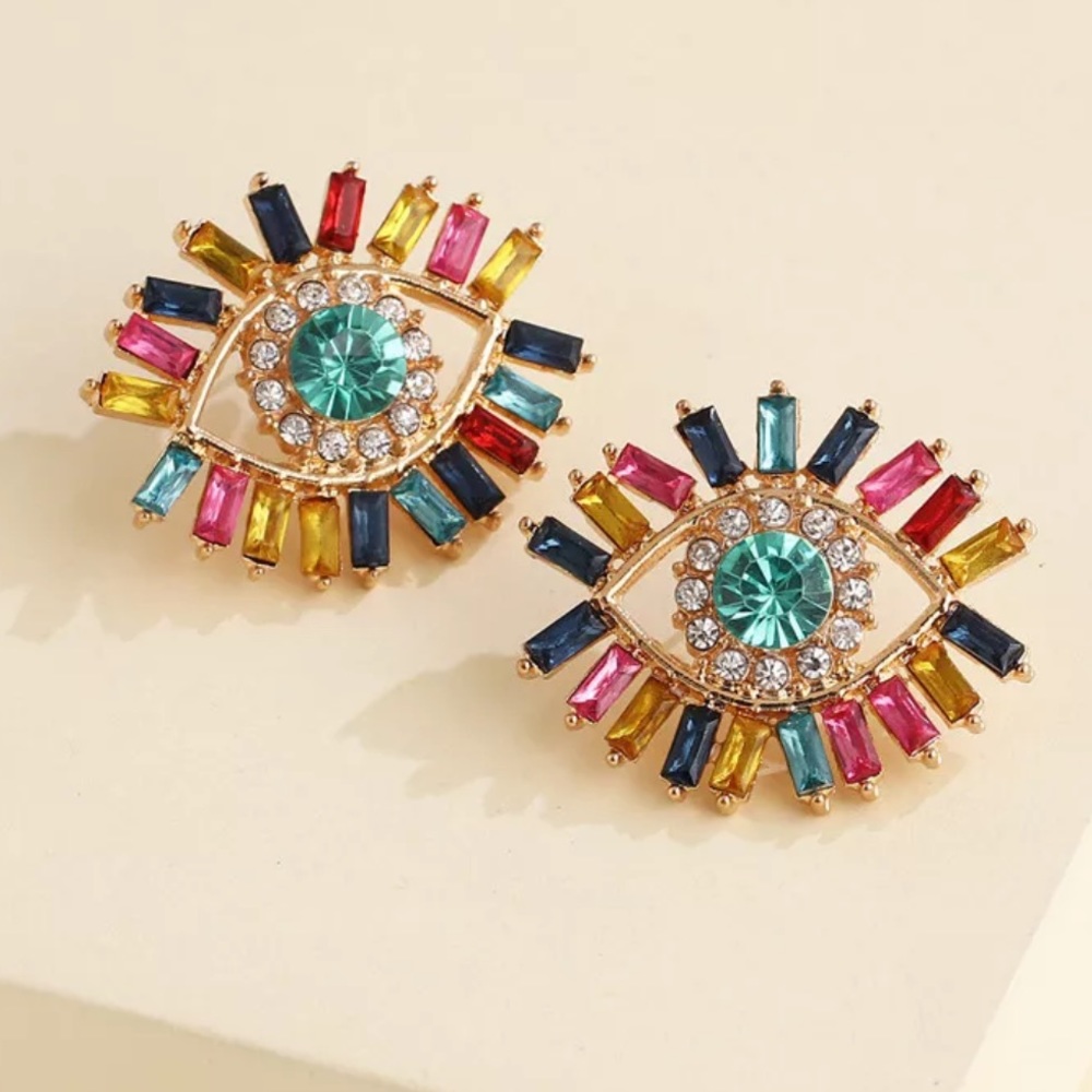 Multicolor Crystal Eye Stud Earrings with Teal Center - Women Jewelry Earrings